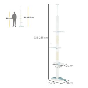 Árbol para Gatos de Suelo a Techo de 225-255 cm Torre para Gatos de Suelo a Techo Ajustable en Altura con 3 Plataforma de Forma de Ola Postes Rascadores y 1 Bola 55x38x225-255 cm Blanco