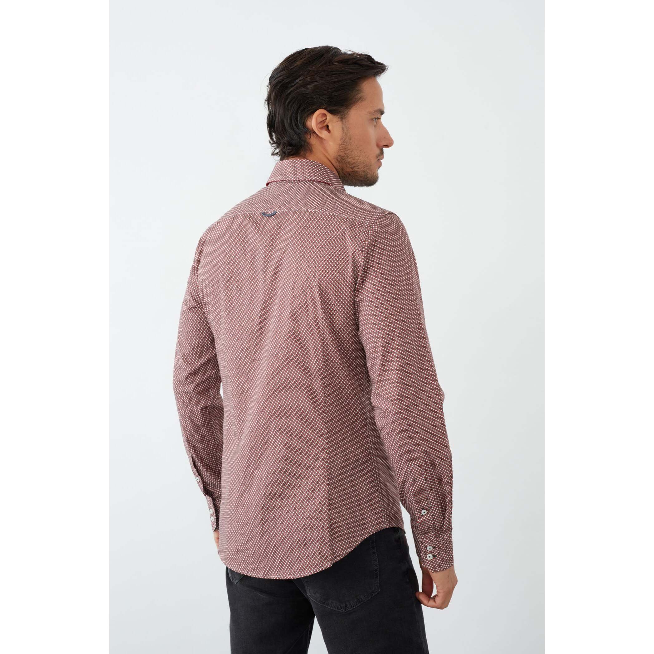 Camicia Uomo 2 Bottoni Button Down Slim Popeline Stampato Bordeaux e Panna