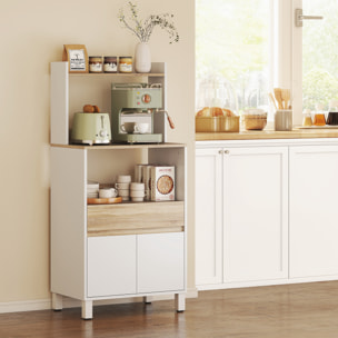 Rangement desserte de cuisine pour micro-ondes - 2 portes, 2 niches, tiroir, étagère - blanc naturel