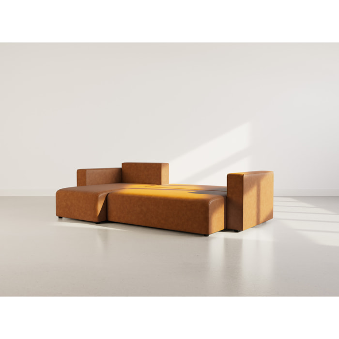 Topaze - canapé d'angle réversible 4 places convertible avec coffre en simili - Cognac
