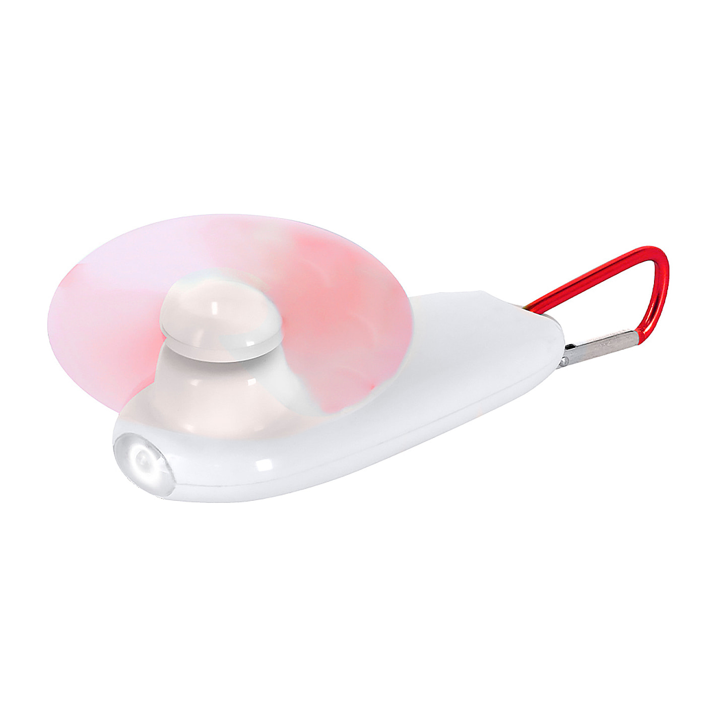 Ventilador portátil con linterna LED integrada y mosquetón para transporte.