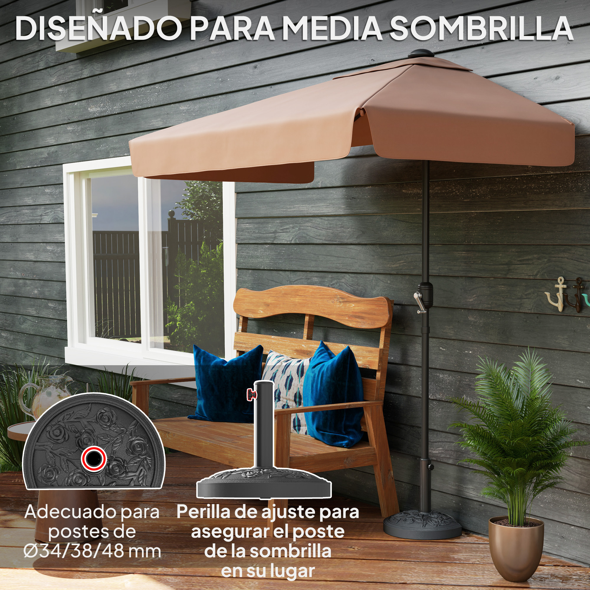 Base para Sombrilla Semicircular Soporte para Parasol Pie para Sombrilla con Relleno de Cemento Peso 12 kg para Jardín Terraza Negro