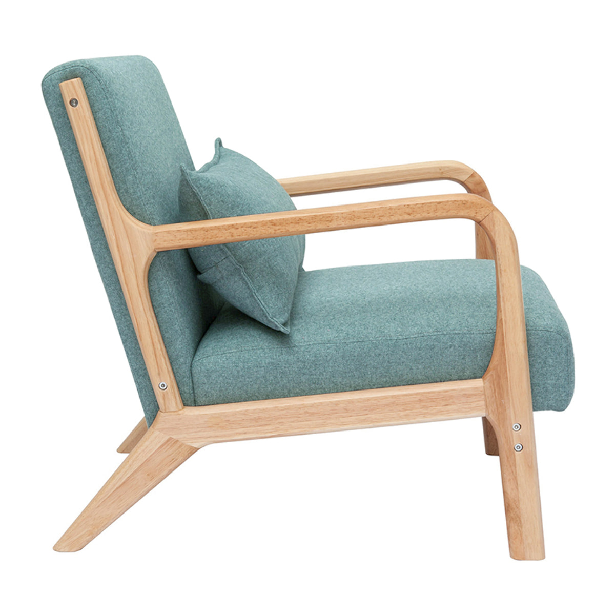 Fauteuil scandinave en tissu vert de gris et bois clair massif DERRY
