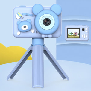 Fotocamera digitale, design Orsetto, con foto da 26mpx e video FHD per bambini. Schermo da 2 pollici. Include treppiede con funzione di presa.