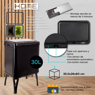 Well home - cubo de basura inteligente para reciclaje con apertura automática y contacto manual 15l+15l 35,5x26x60cm color negro