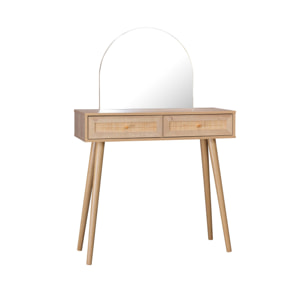 Coiffeuse Bohème avec miroir arrondi et 2 tiroirs cannage. coloris naturel. style Scandinave. L 90 x P 35 x H 135.5 cm