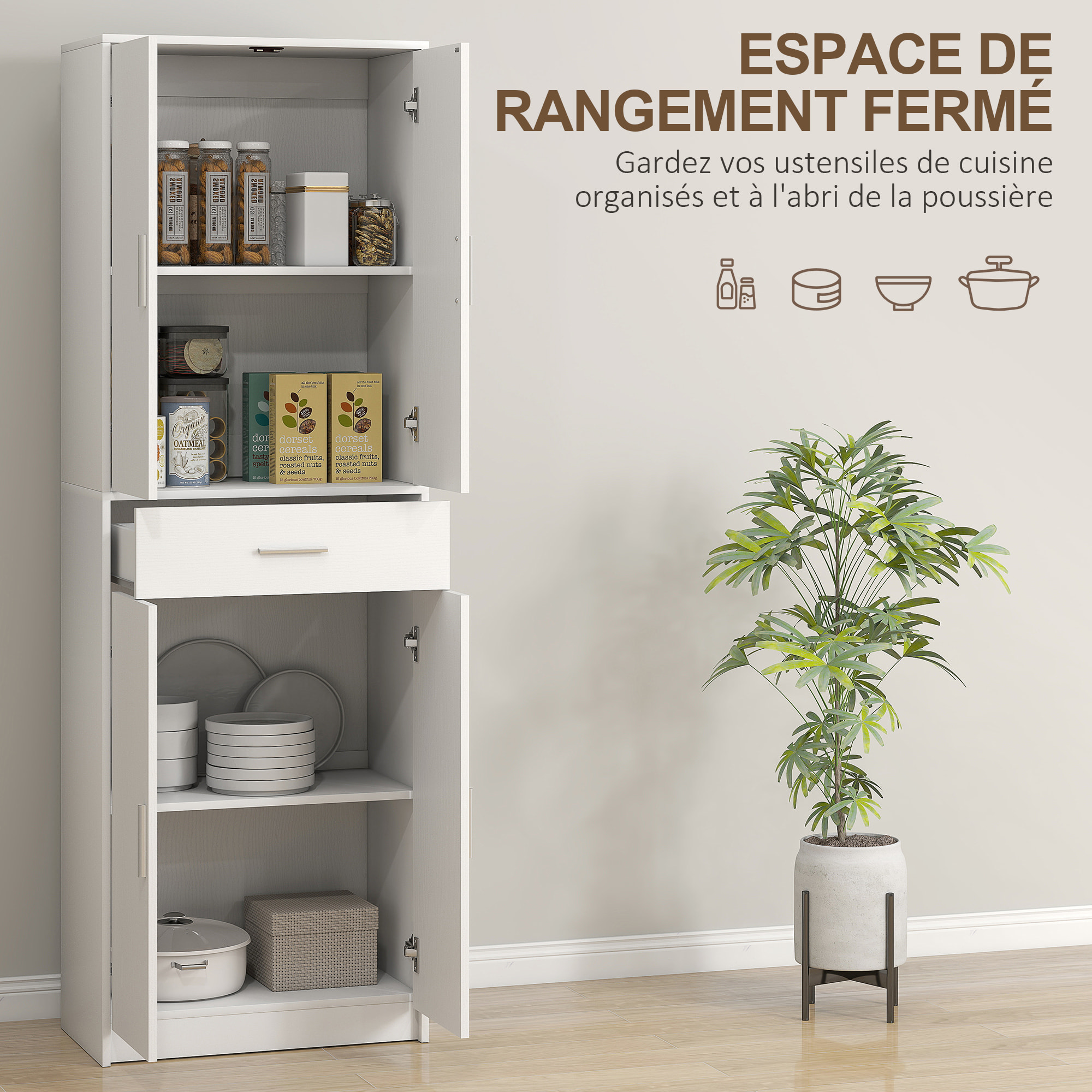 Armoire de cuisine multi-rangement - 4 portes, 2 étagères, tiroir - dim. 60 x 35 x 180 cm - effet bois blanc