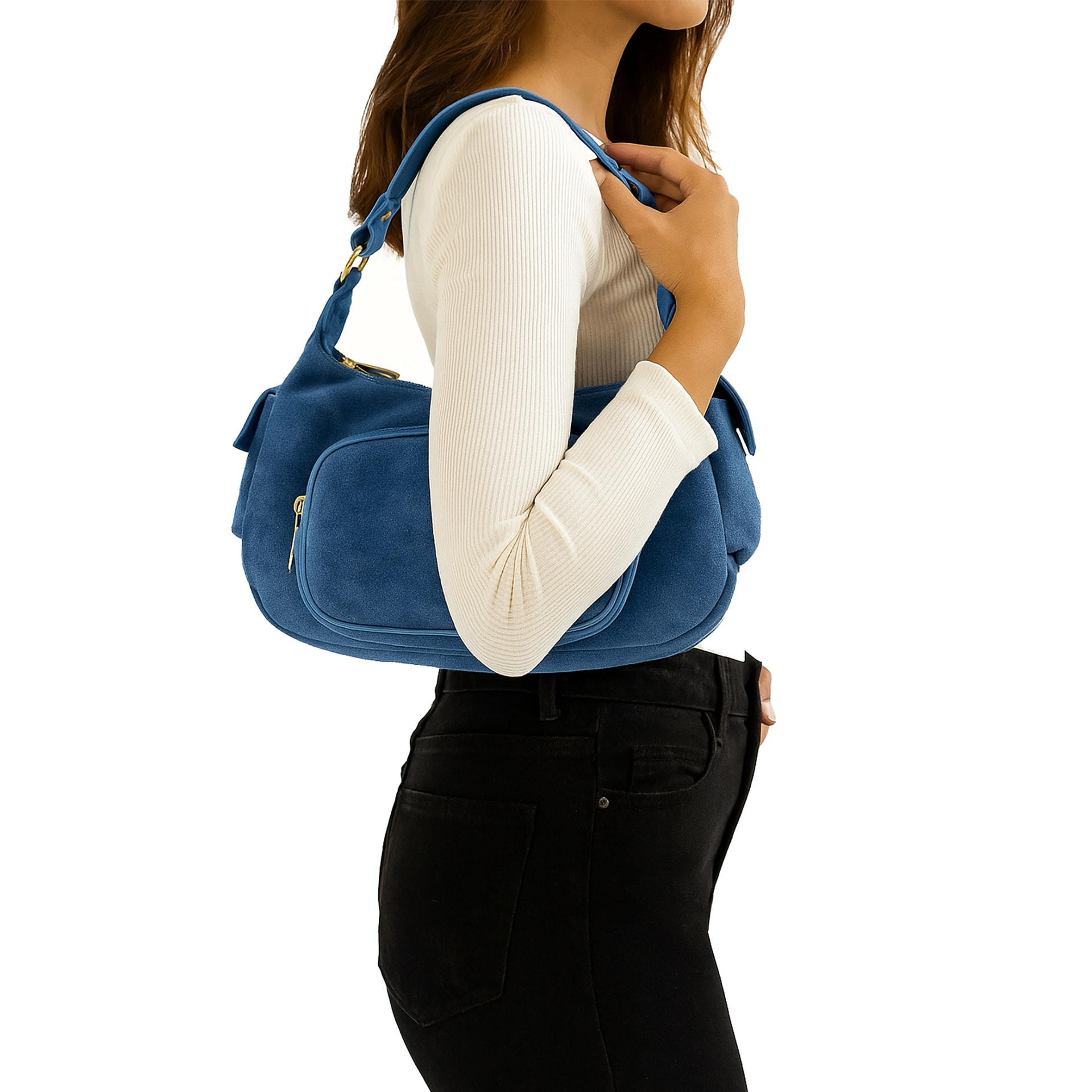 Borsa a spalla da donna Made in Italy - Modello Ardena - Pelle scamosciata - 30.0 x 17.0 x 12.0 cm