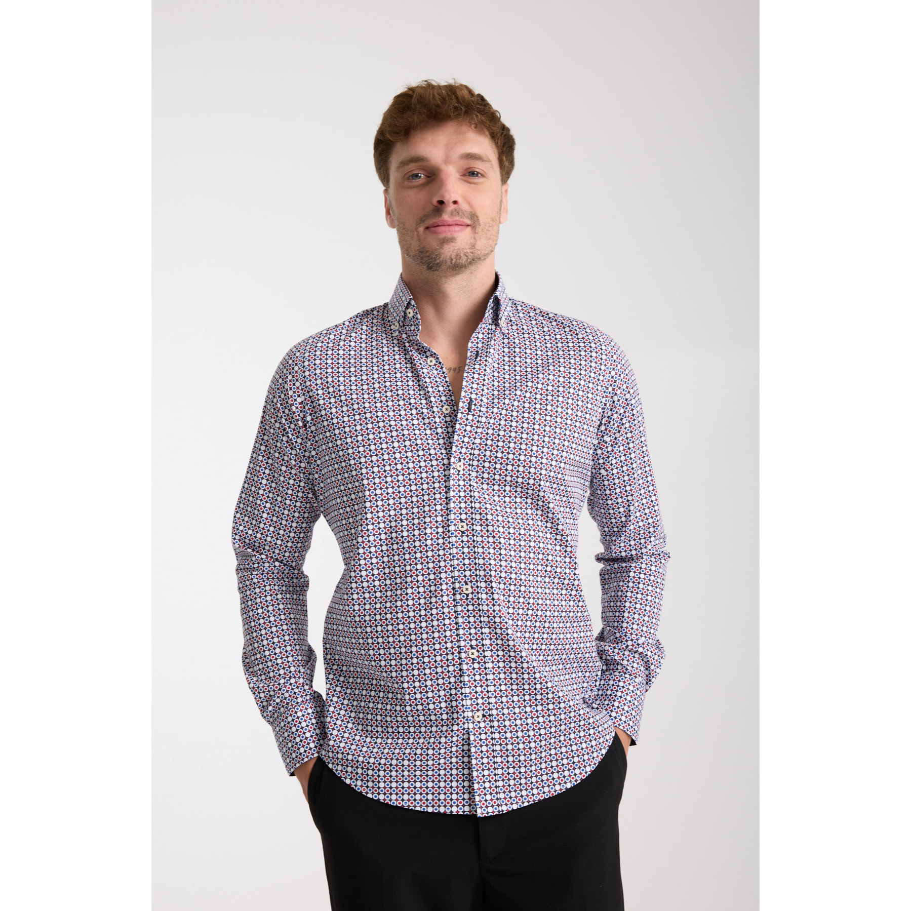 camicia uomo 1 bottone button down slim Popeline Stretch Stampato Blu\Rosso