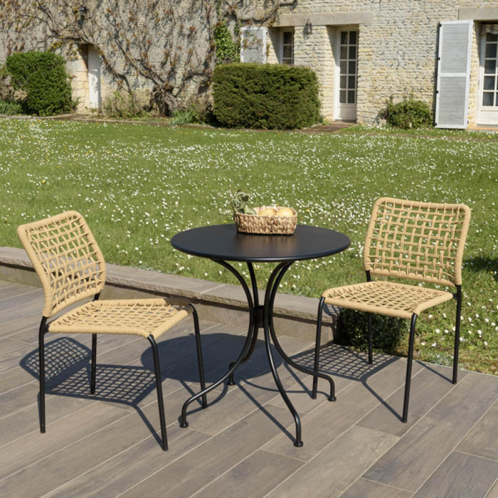 VIANNEY - Salon de jardin 2 personnes en acier noir - 1 table ronde 70x70cm et 2 chaises en cordage tressé beige