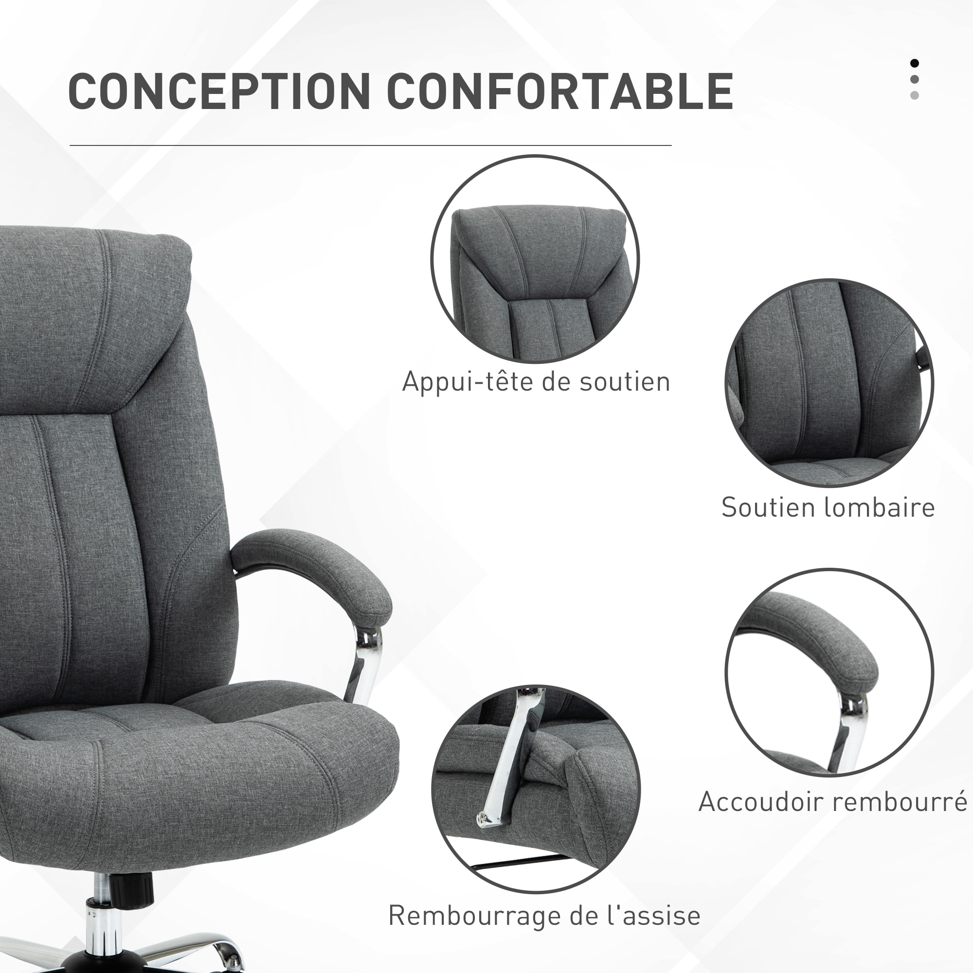 Fauteuil de bureau manager - chaise de bureau grand confort réglable pivotante - acier chromé tissu gris