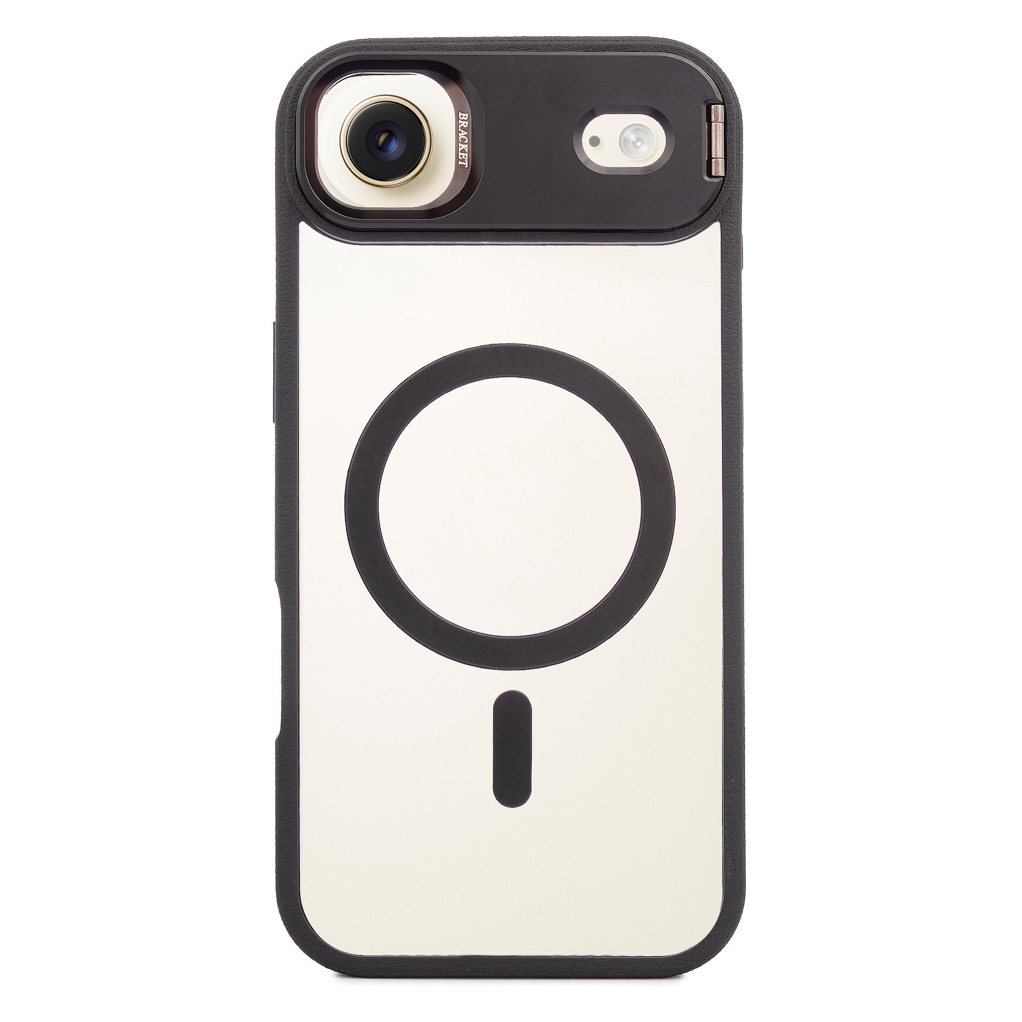 Carcasa transparente con cubierta de cámara abatible que funciona como soporte, bordes negros. MagSafe para iPhone 17 Air.