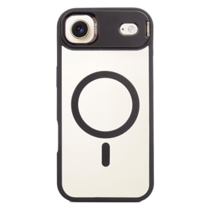 Carcasa transparente con cubierta de cámara abatible que funciona como soporte, bordes negros. MagSafe para iPhone 17 Air.