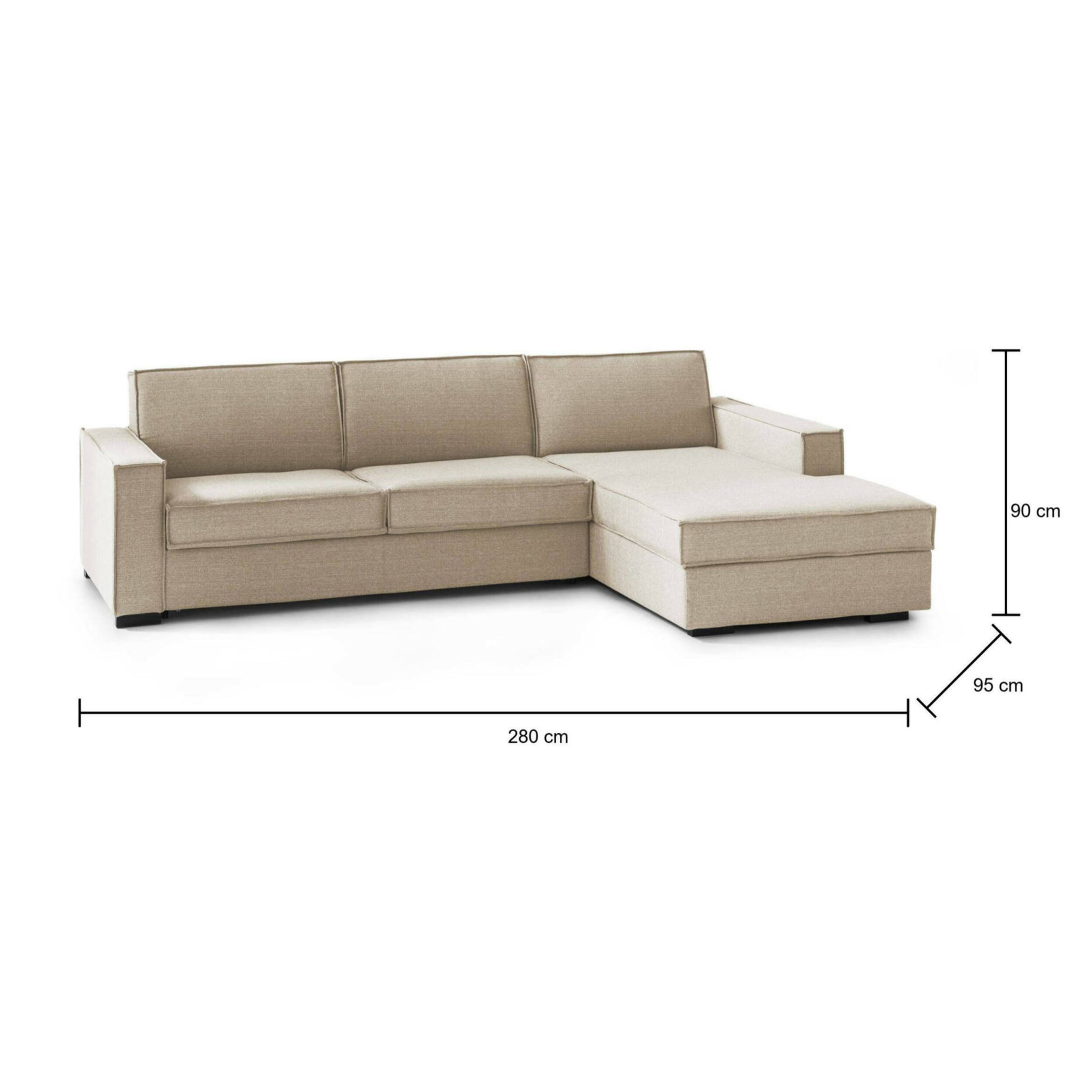 Divano letto con penisola Achico, Sofà apertura girevole, Penisola contenitore Destra, Braccioli standard, 100% Made in Italy, Cm 280x95h90, Beige