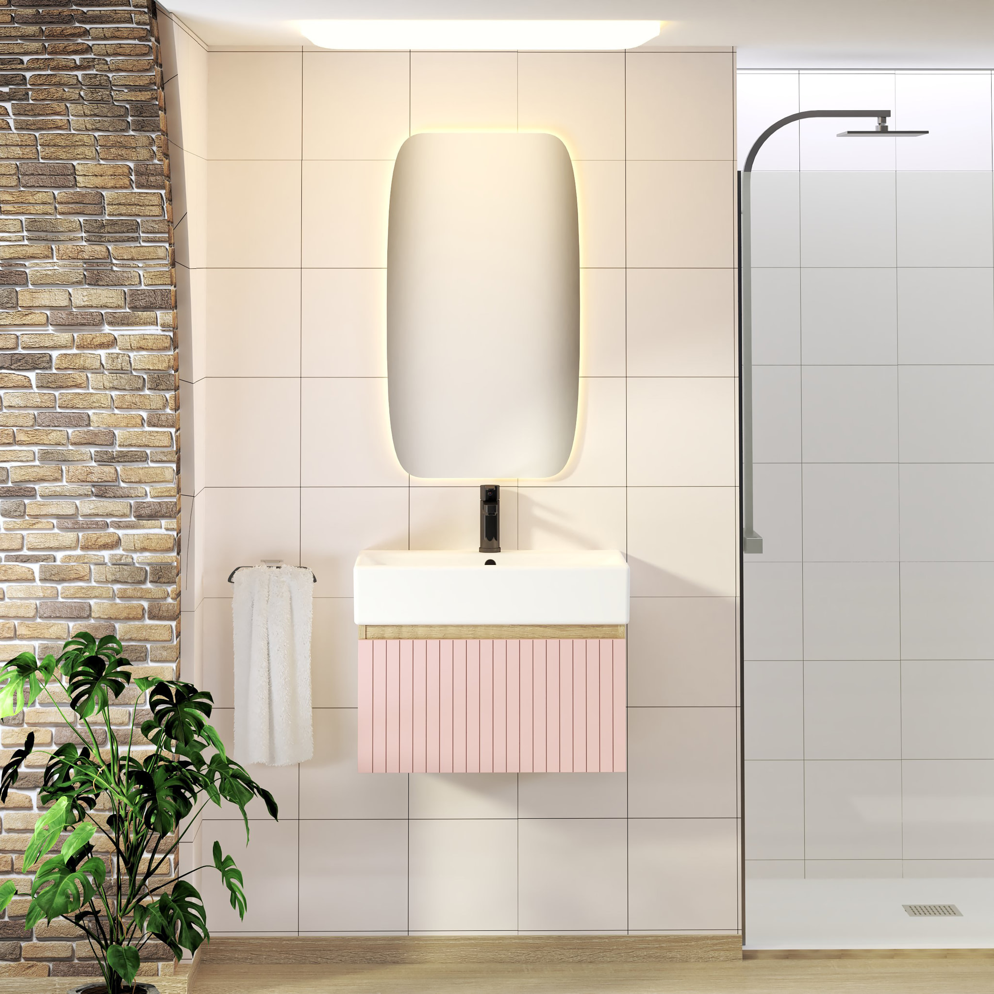 Conjunto de Baño Zel | Mueble Suspendido | 60 cm Rosa | Un Cajón | Lavabo Encastrado | No incluye Espejo | Mueble Montado| Alday