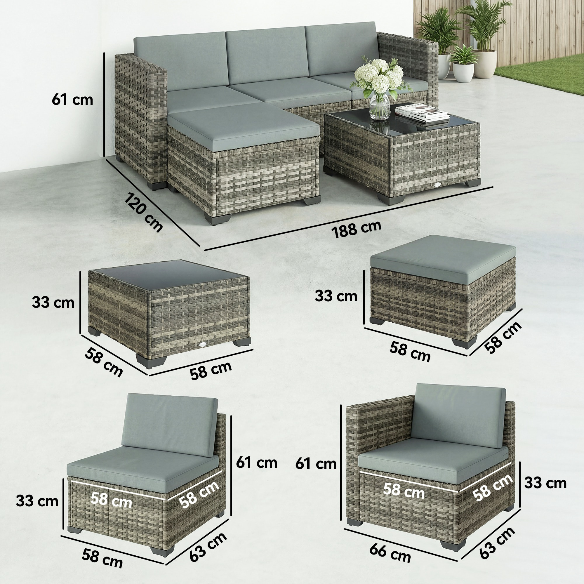 Conjunto de Jardín de Ratán de 5 Piezas, Conjunto Terraza Resistente, Muebles Jardín Exterior Incluye Cojines, 2 Sillones de Esquina, Sillón sin Brazos, Reposapiés y Mesa Centro, Gris Claro