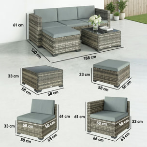 Conjunto de Jardín de Ratán de 5 Piezas, Conjunto Terraza Resistente, Muebles Jardín Exterior Incluye Cojines, 2 Sillones de Esquina, Sillón sin Brazos, Reposapiés y Mesa Centro, Gris Claro