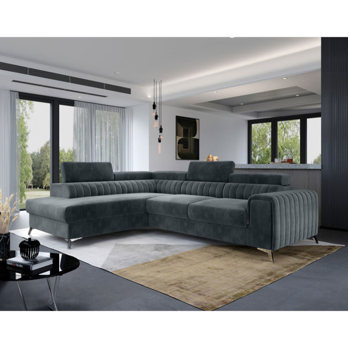 Talisay - canapé d'angle gauche - 5 places - convertible avec coffre - en velours - Gris
