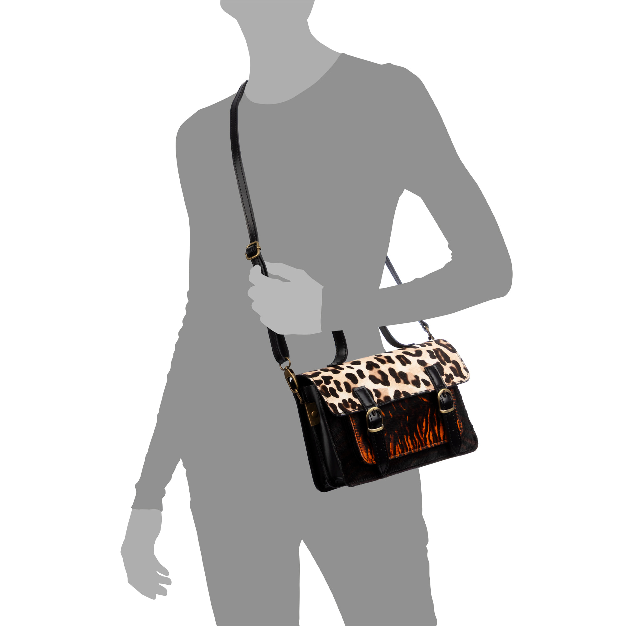 Assoro borsa a tracolla con doppia fibbia, pelle autentica Cavallino stampa animalier.