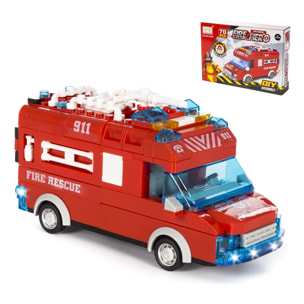 Autopompa con luci ed effetti sonori. Da costruire, 70 pezzi. Funzionamento a inerzia di retrocesso.