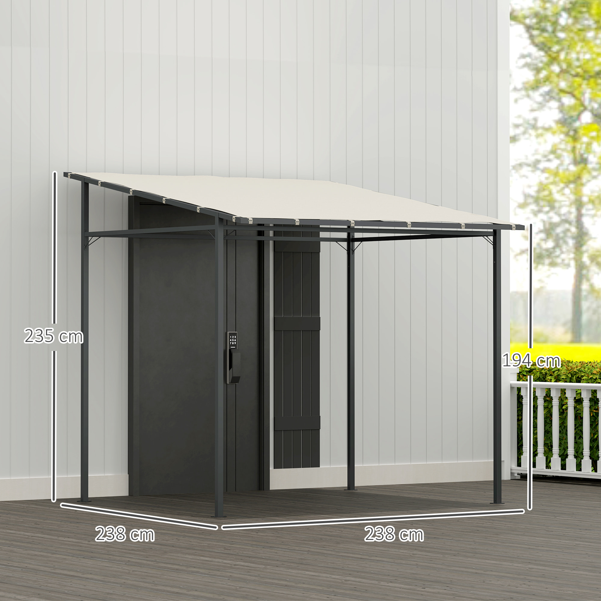Pérgola de Pared 2,4x2,4 m Cenador de Jardín con Techo Inclinado Protección UV 30+ Impermeable y Marco de Metal para Patio Terraza Balcón Crema