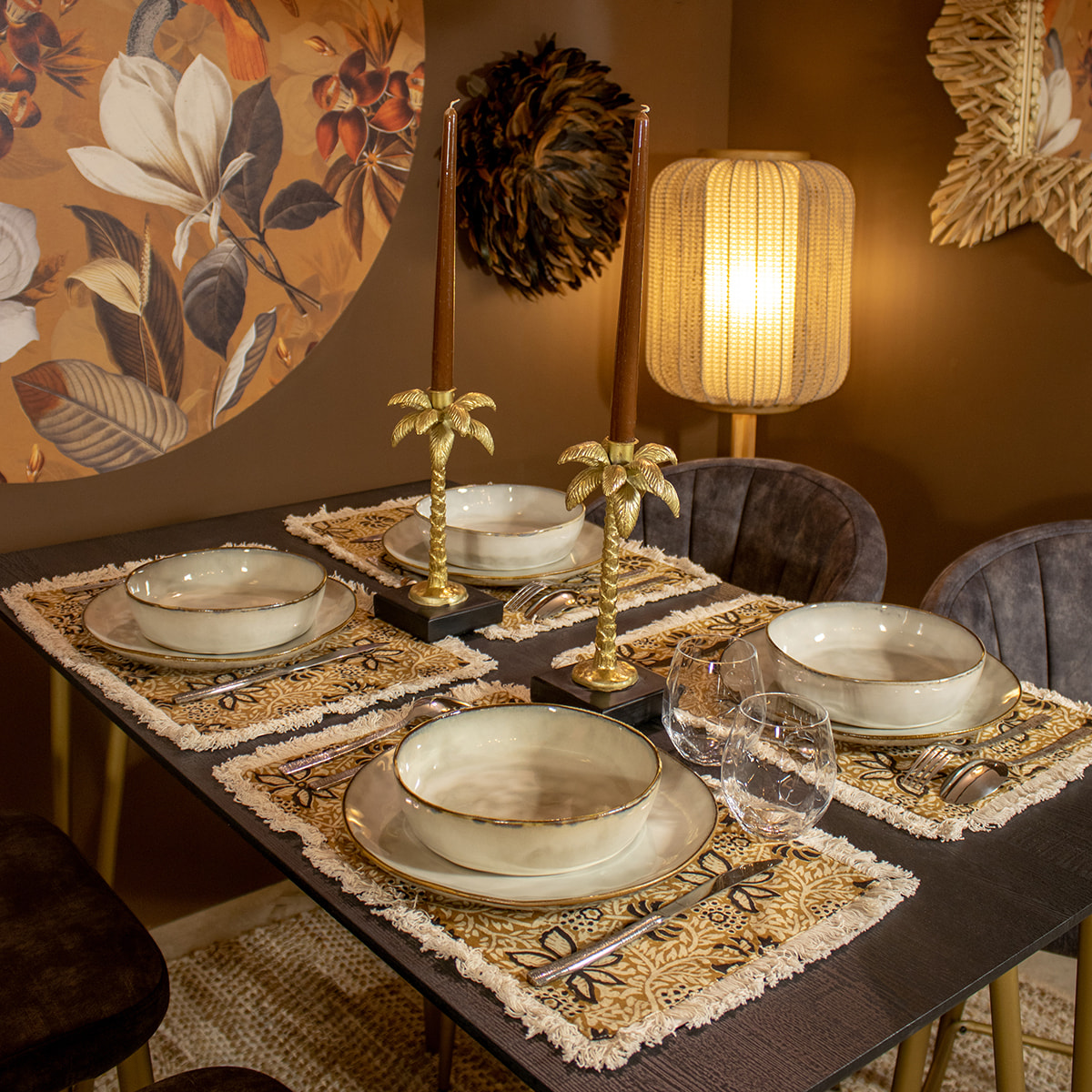 Lot de 4 sets de table en coton camel avec franges BARI