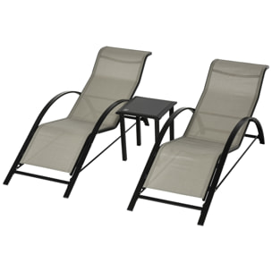 Set de 2 Tumbonas Jardín Exterior con Mesa Auxiliar de Vidrio Templado Tumbonas con Respaldo Reposabrazos para Patio Piscina Terraza Exterior Gris