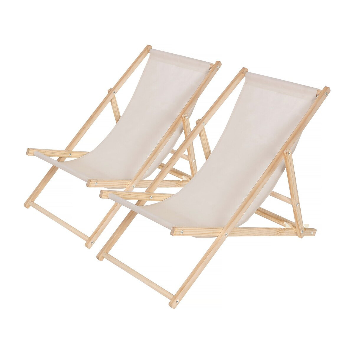 Lot de 2 transats en bois "Chilienne" - 107 x 56.5 x 81 cm - Ecru