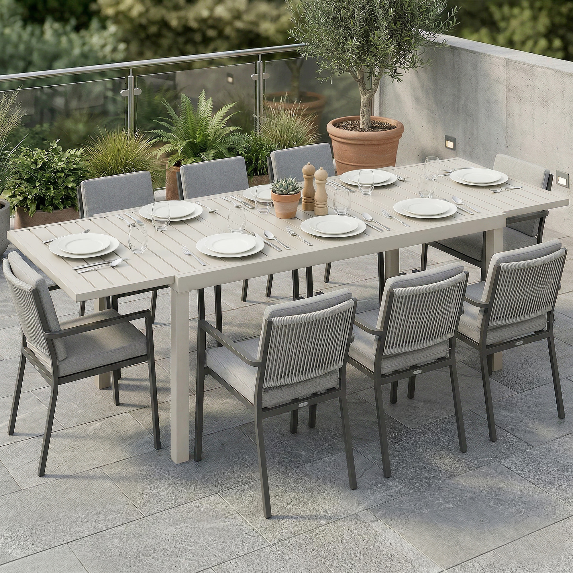 Mesa de Jardín Extensible 150/225x85x75 cm, Mesa de Comedor Exterior Extensible Rectangular de Aluminio, con Tablero de Listones para 6-8 Personas, para Patio, Terraza, Blanco