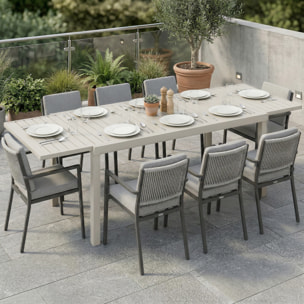 Mesa de Jardín Extensible 150/225x85x75 cm, Mesa de Comedor Exterior Extensible Rectangular de Aluminio, con Tablero de Listones para 6-8 Personas, para Patio, Terraza, Blanco
