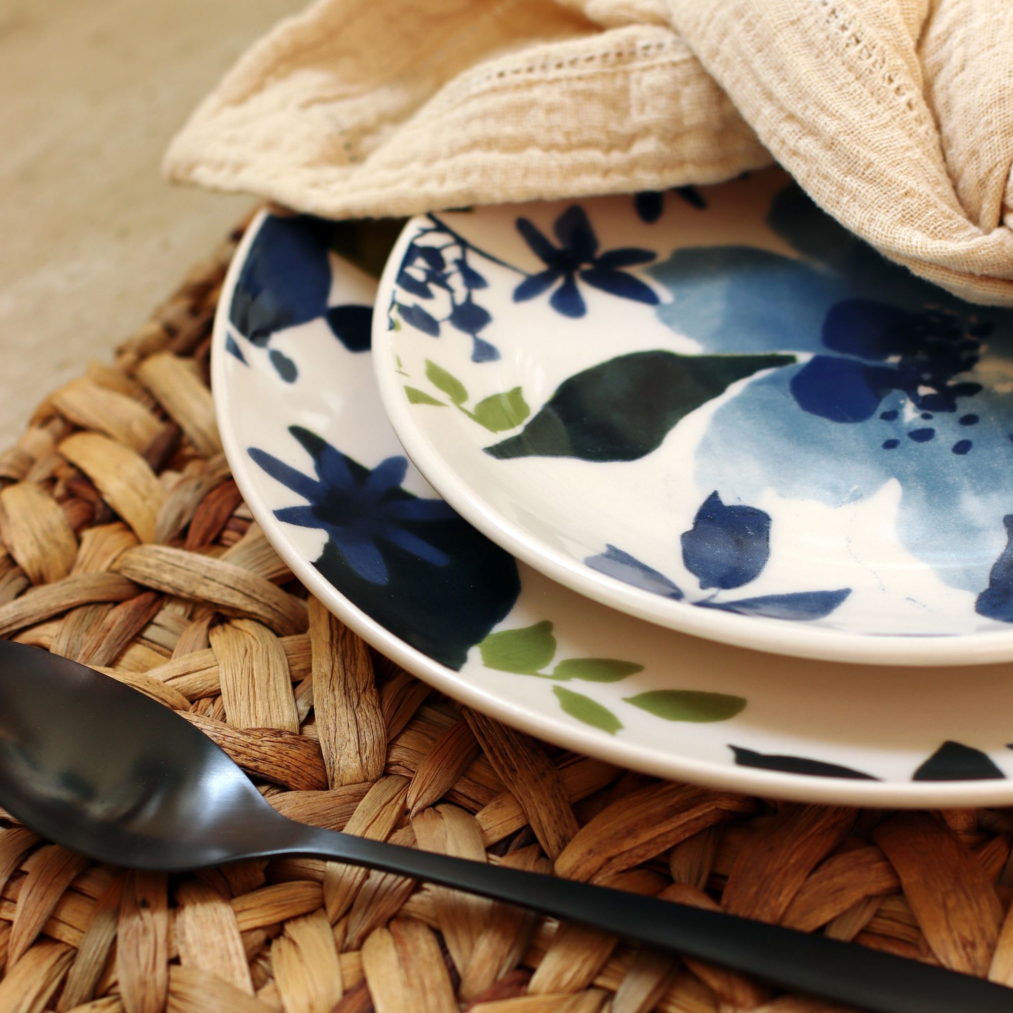 Lot de 6 assiettes creuses en grès 20,5cm motif fleuri bleu BLEUET