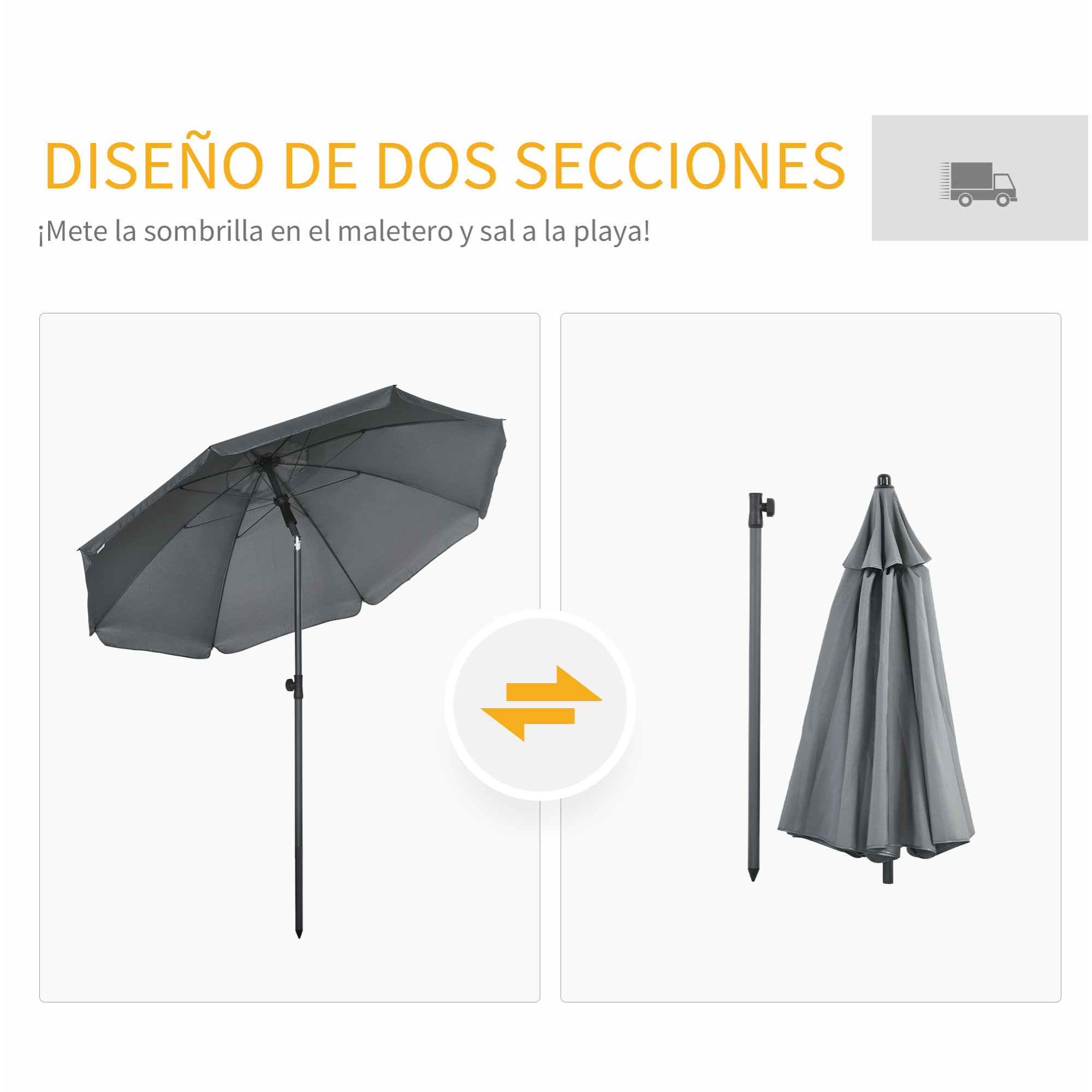 Sombrilla de Playa Grande Ø180 cm Sombrilla de Terraza Exterior con Ángulo Ajustable Protección UV50+ Impermeable Mástil de Ø32 mm Gris Oscuro