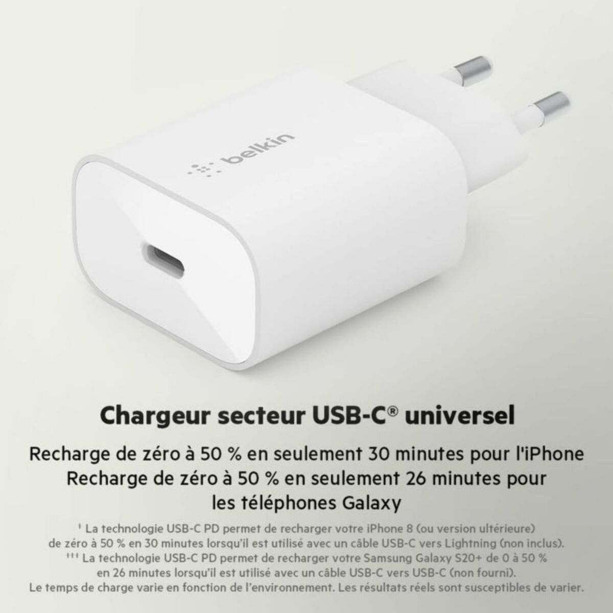 Adaptateur de voyage BELKIN 25W USB-C pour samsung et apple Blanc