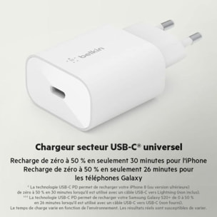 Adaptateur de voyage BELKIN 25W USB-C pour samsung et apple Blanc