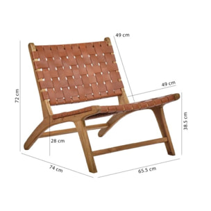 Chaise relax lounge en bois de teck et sangles croisées en cuir - PIOU