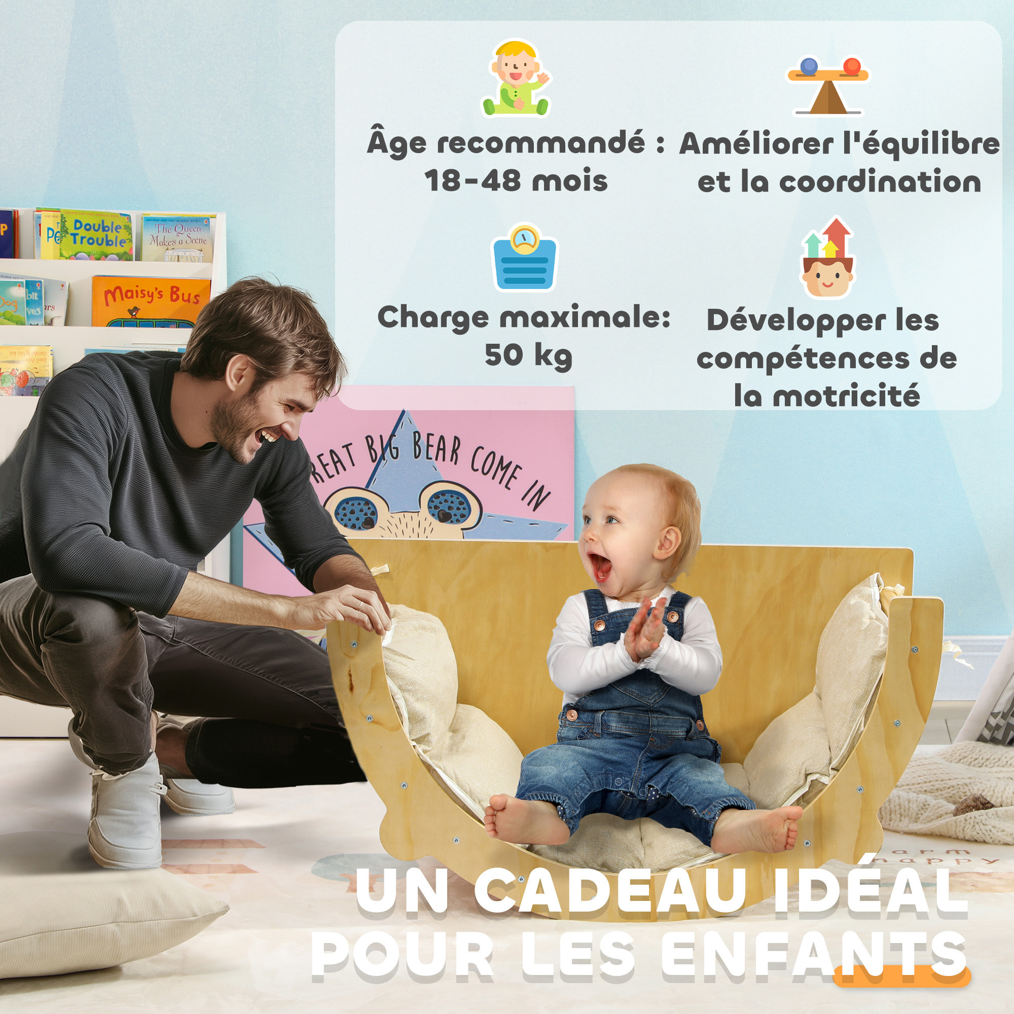 Ensemble d'escalade en bois 3 en 1 - arche, bascule, table - coussin inclus - panneaux bois pin