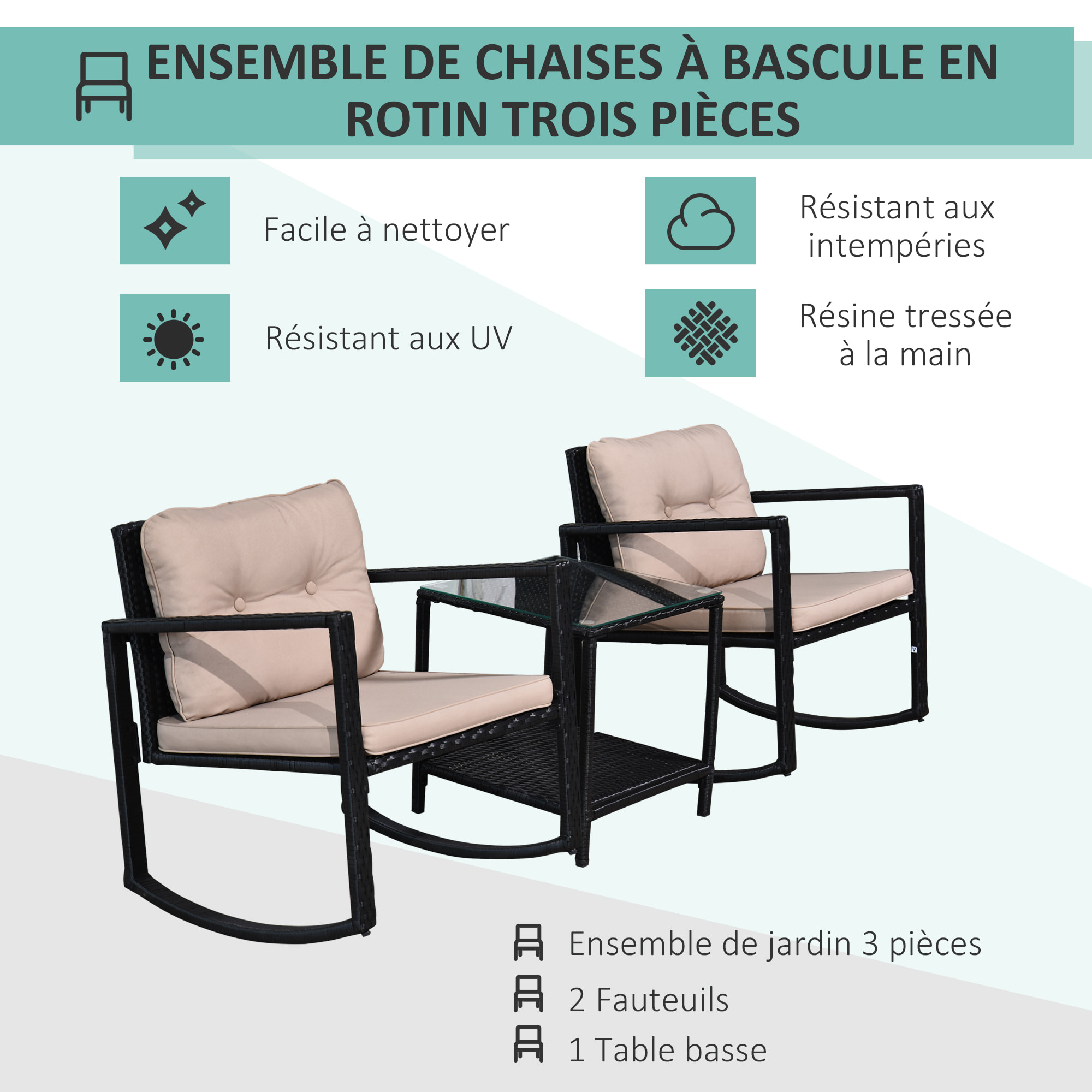 Ensemble de jardin 3 pièces style colonial 2 fauteuils à bascule avec coussins marron table basse étagère métal époxy résine tressée 4 fils noir