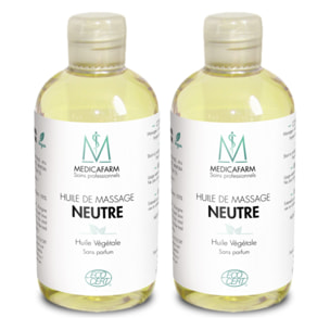 MEDICAFARM - Huile de massage neutre végétale - Très bonne glisse - Idéale pour des massages de longue durée - Sans parfum - Lot de 2 Flacons stop-goutte de 250ml