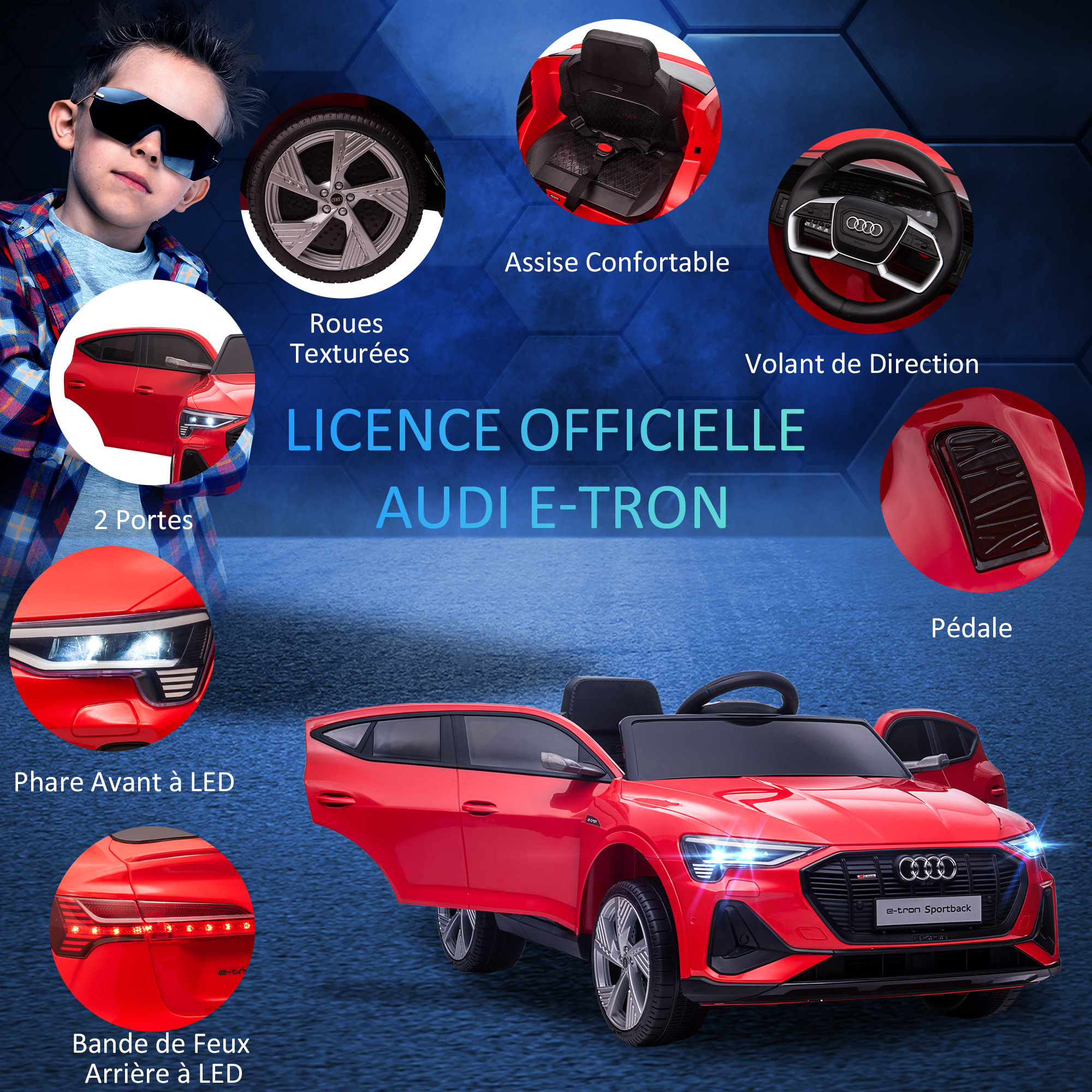 Voiture véhicule électrique enfant e-tron Sportback S line 12 V - V. max. 8 Km/h - effets sonores, lumineux - télécommande, port USB, MP3 - rouge