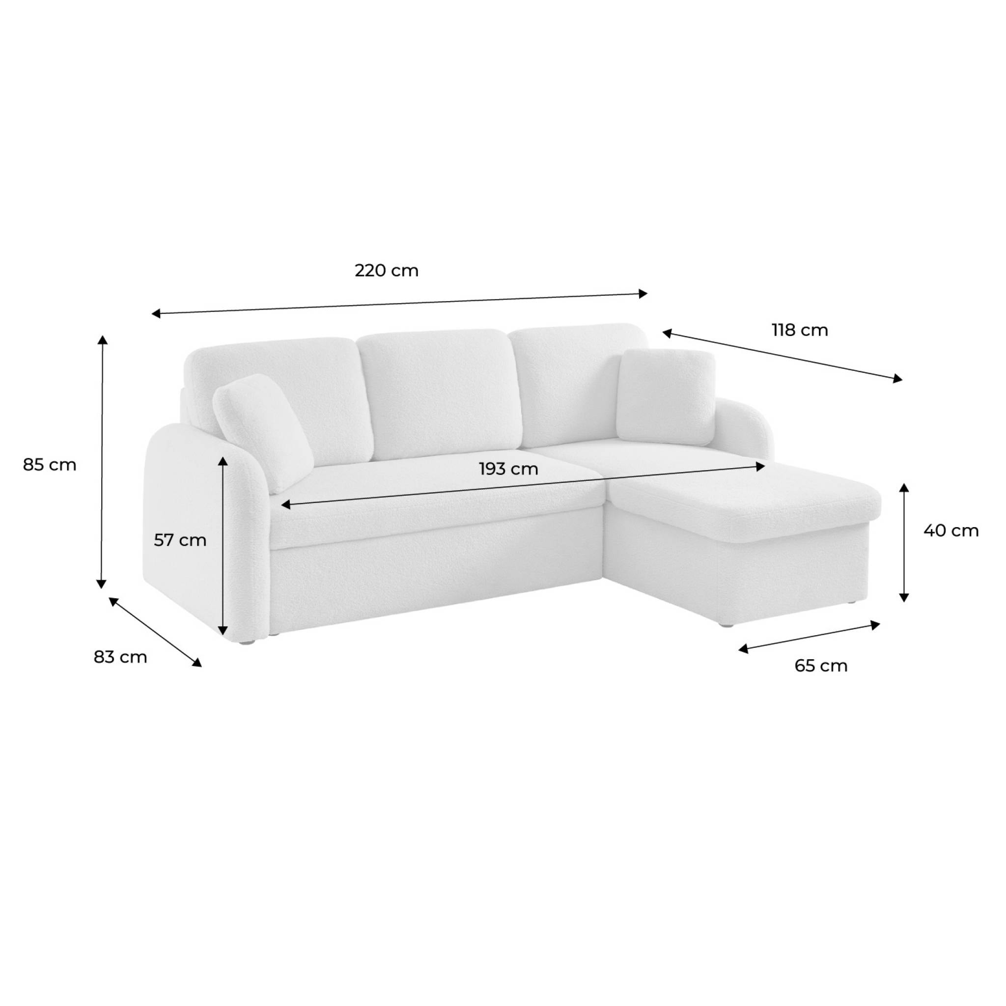 Canapé d'angle convertible en tissu bouclettes blanches - Milano - 3 places. fauteuil d'angle réversible coffre rangement lit modulable