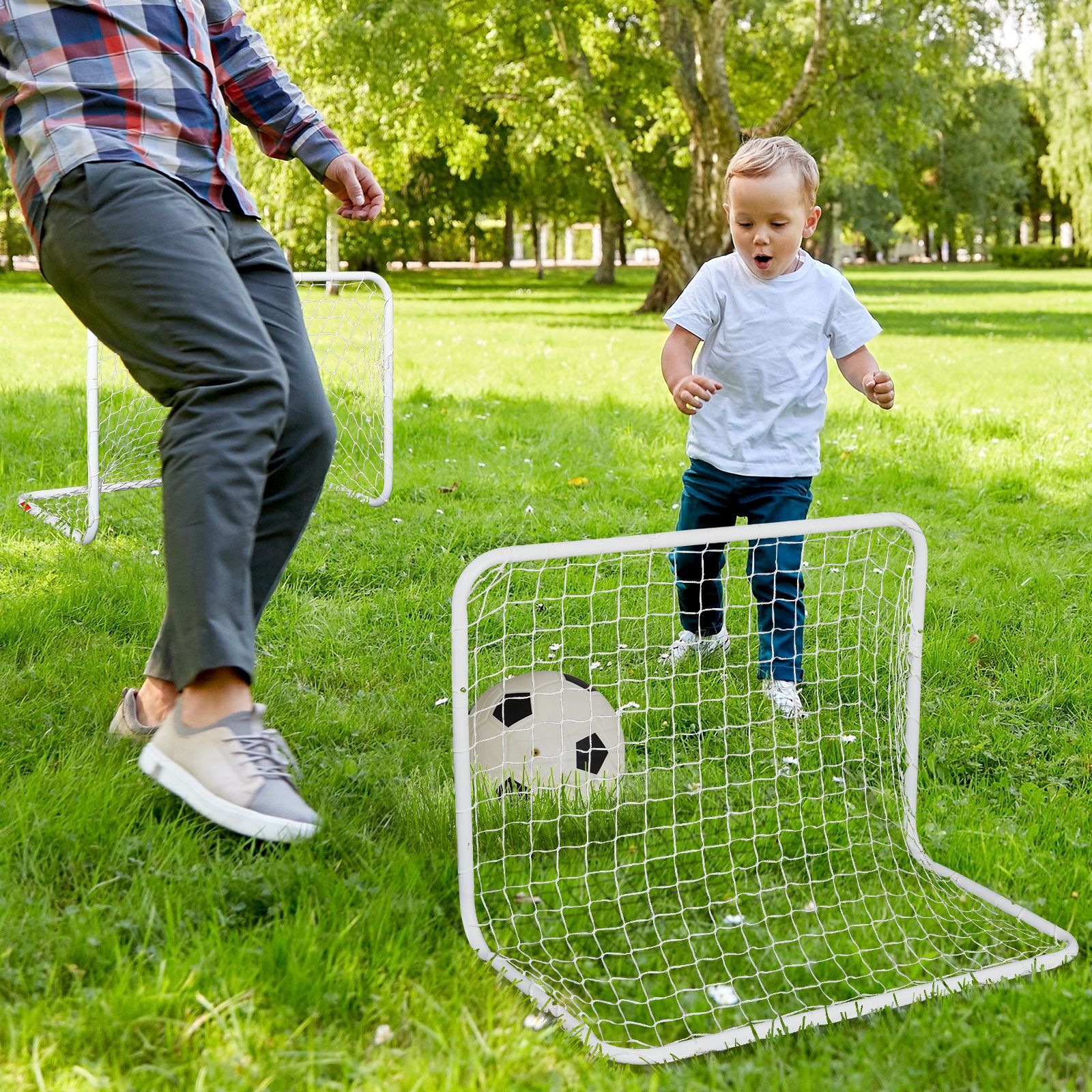 Set de 2 mini cages de football pour enfant - ballon, pompe, piquets inclus - 78L x 46l x 56H cm - métal blanc