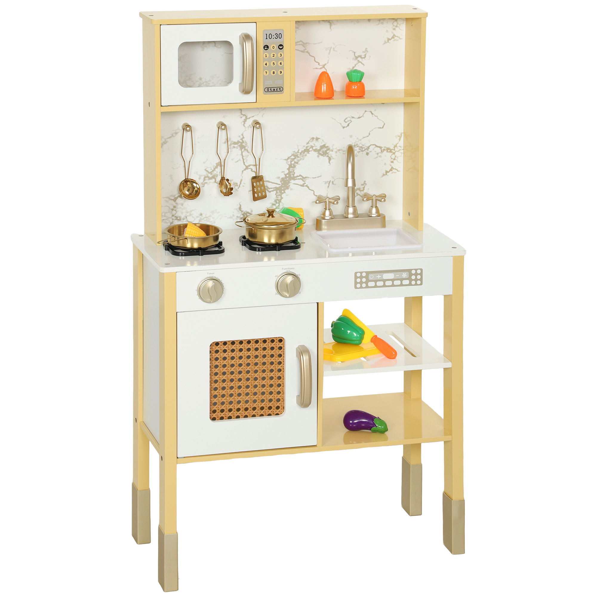 Cocina de Juguete de Madera con Sonido, Cocinita Infantil con Accesorios de Acero Inoxidable, Microondas, Horno, Fregadero, Verduras para Cortar, para Niños a Partir de 3 Años, Dorado