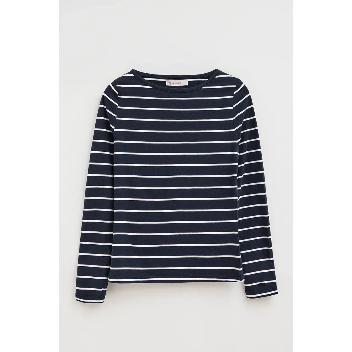 Maglietta a righe blu marino e bianco con collo a barca e logo Polo Club