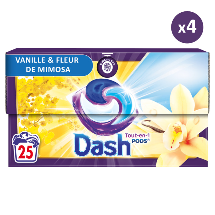 4x25 Pods Tout-en-1 Vanille Et Mimosa, Lessive en Capsules Dash