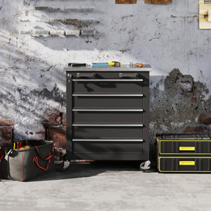 Carro de Herramientas con 5 Cajones y Cerradura, Carro de Taller con Ruedas con Freno y Encimera de Acero Inoxidable, Caja de Herramientas con Conectores Laterales, para Garaje, Negro y Plata