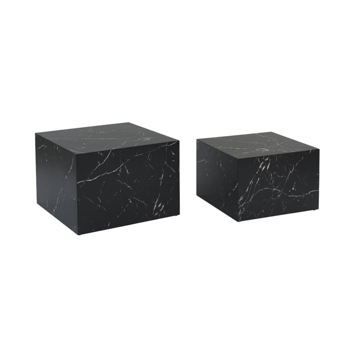 Lot de 2 tables basses effet marbre noir PAROS.  L 58 x l 58 x H 40cm / L 50 x l 50 x H 33cm