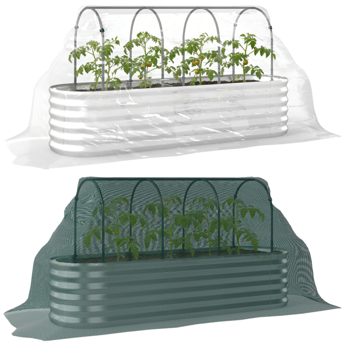 Jardinera Exterior Grande con Cubierta de Invernadero y Malla, Huerto Urbano de Acero Galvanizado con Fondo Abierto, Resistente a la Intemperie, para Patio, Terraza, 200x60x103 cm, Plateado