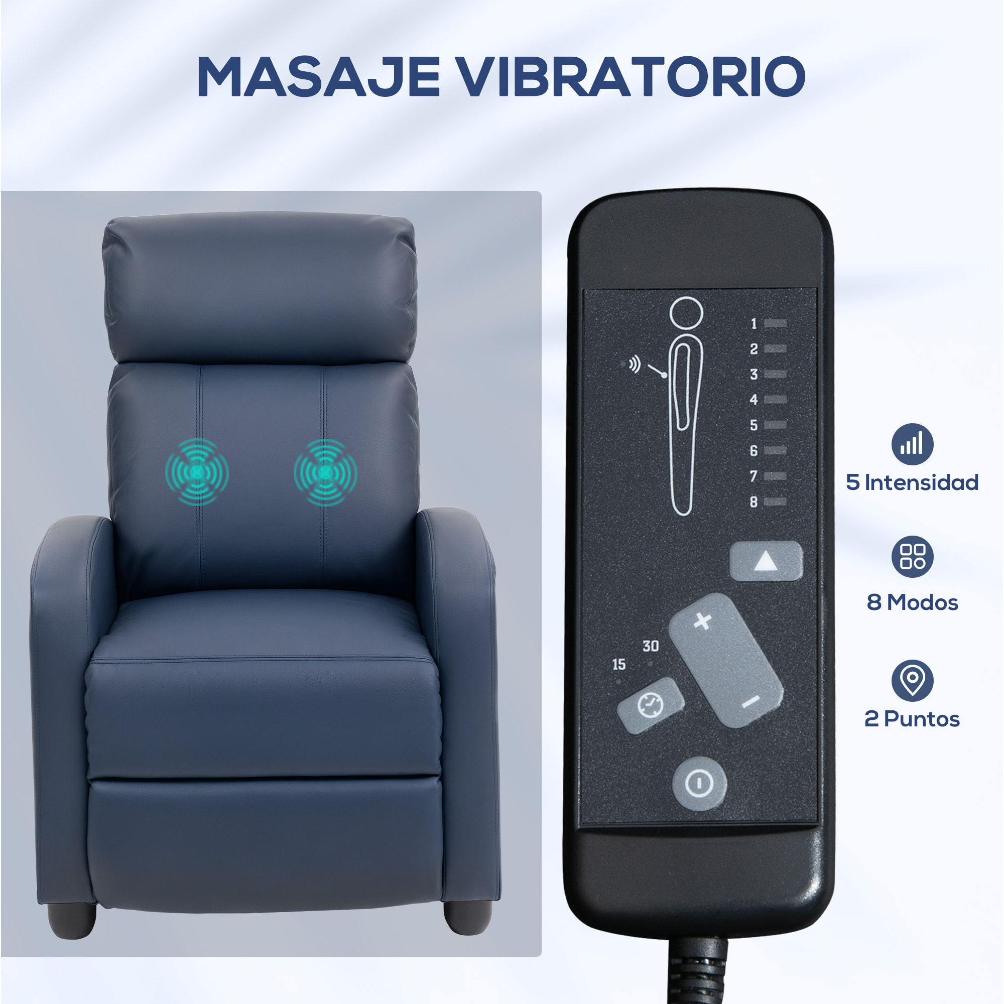 Sillón de Masaje Sillón Relax Reclinable con Mando a Distancia 2 Zonas de Masaje 8 Programas 5 Niveles de Intensidad 1 Bolsillo Lateral y Temporizador Tapizado en PU 68x88x98 cm Azul Oscuro