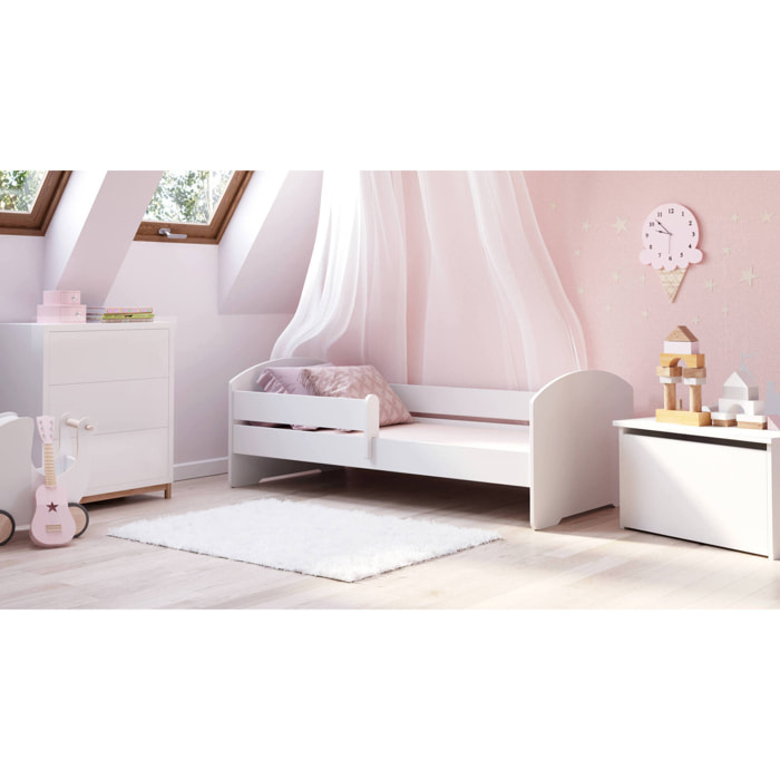 Letto singolo per bambini, Lettino per cameretta, Letto con protezione anticaduta, con testiera tonda, cm 164x88h63, colore Bianco