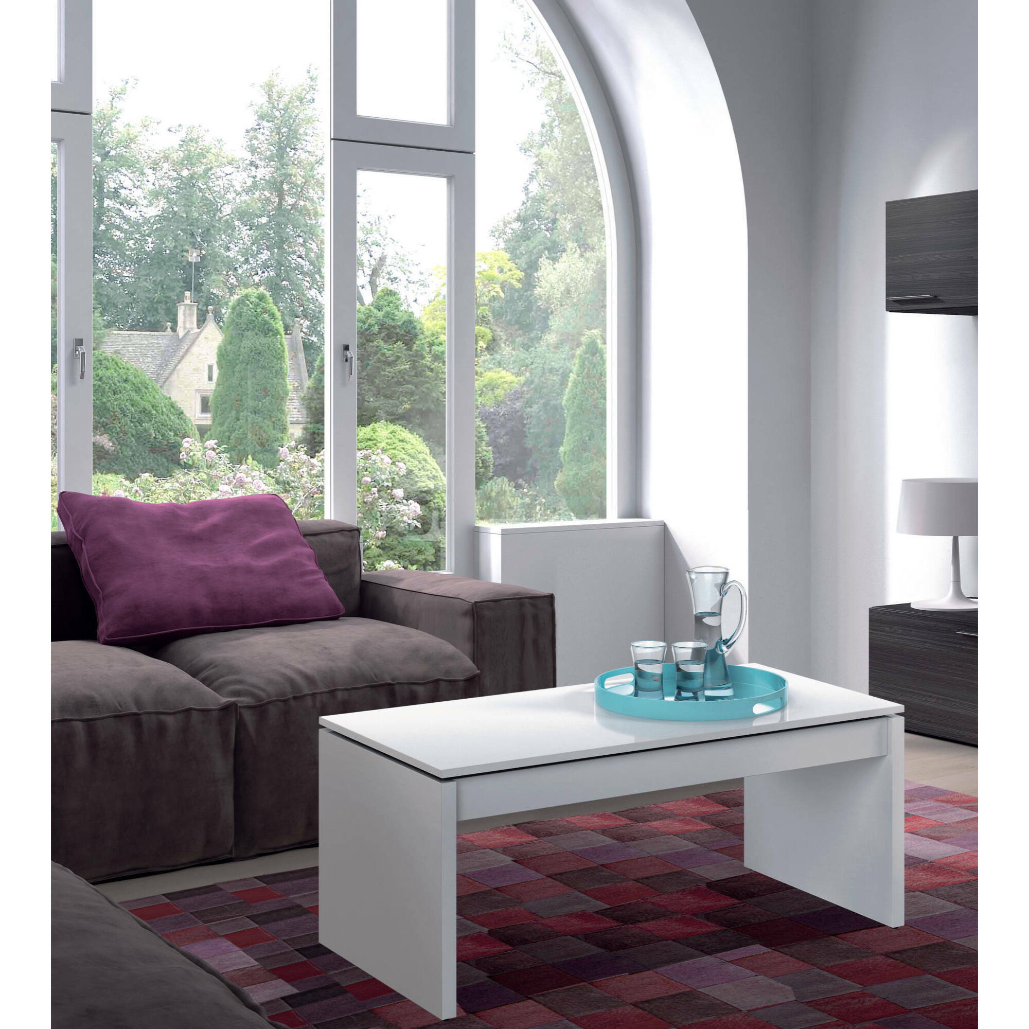 Tavolino da salotto Adrina, Tavolino da caffè con piano elevabile, Tavolo basso da soggiorno, 102x50h43/54 cm, Bianco lucido